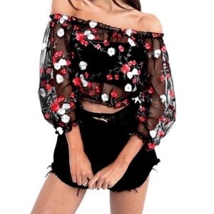 Last one! NEW Mesh Embroidered Floral Crop Top
